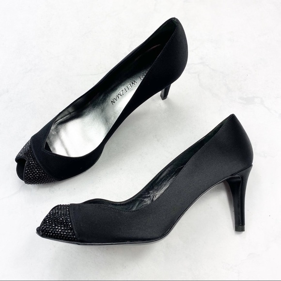 [Stuart Weitzman] Black Satin Gem Peep Toe Pump - Picture 1 of 7